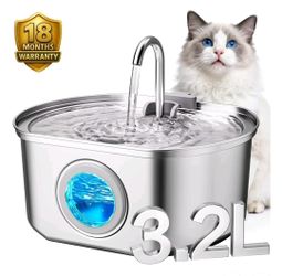 Stainless Steel Cat Water Fountain - 108 oz/3.2L Automatic Pet Drinking Fountain with Water Level Window, Silver