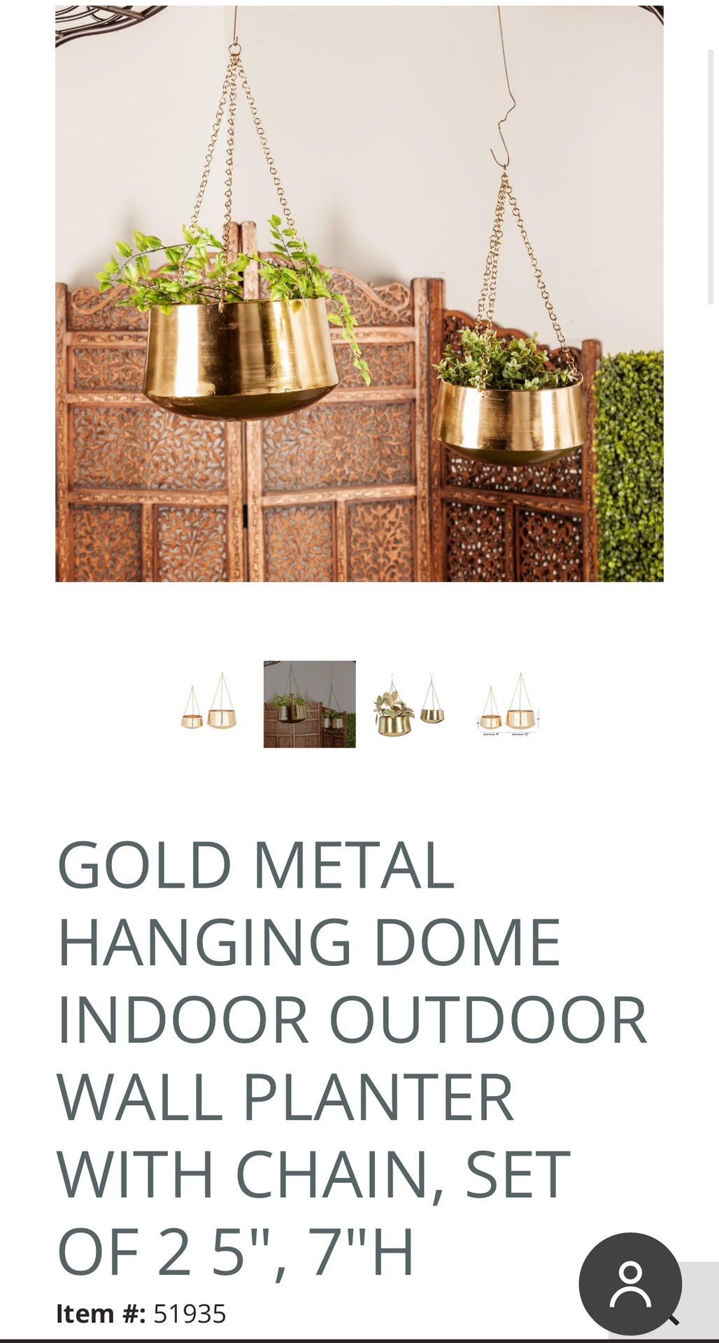 GOLD METAL HANGING DOME INDOOR OUTDOOR WALL PLANTER WITH CHAIN, SET OF 25", 7"H