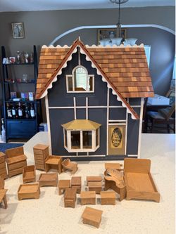 Vintage Dura-Craft Tudor Dollhouse w/ 44 Pc Handmade Furniture Set