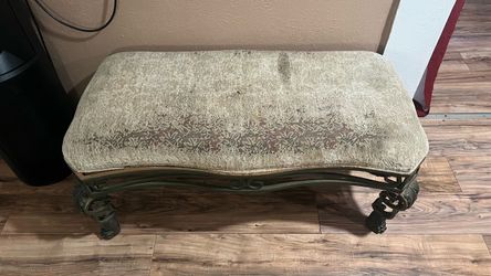 1980s Vintage Traditional Baroque Upholstered Wrought Iron With Paw Feet Bench