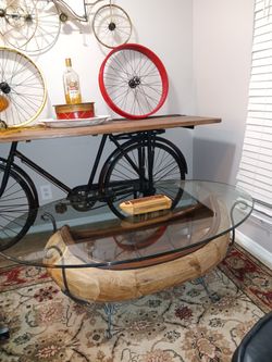1970s Vintage Wrought Iron, Wood and Glass Canoe Coffee Table
