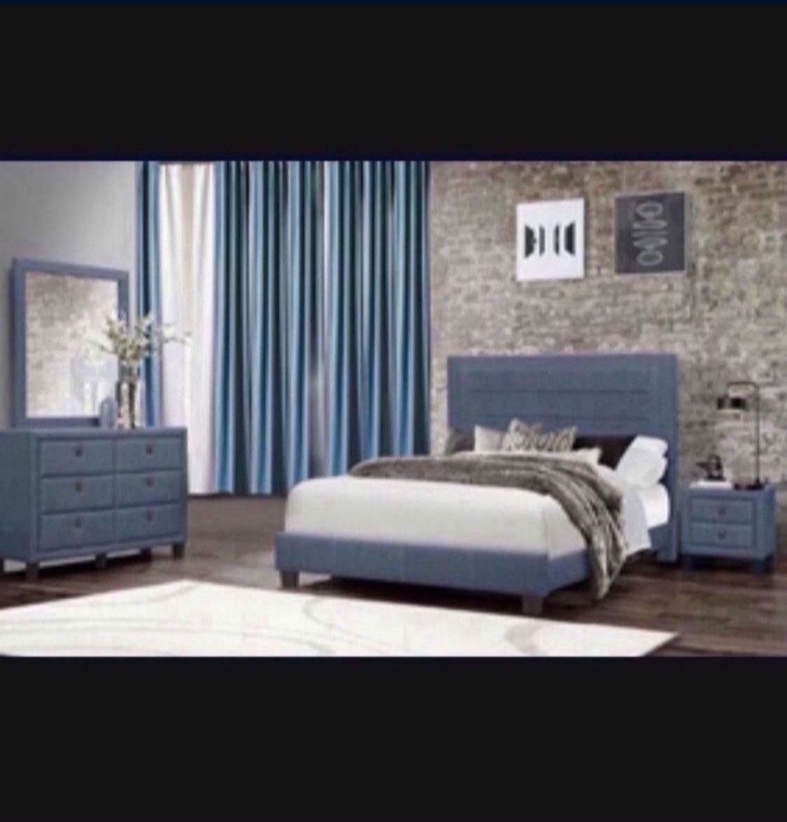 MODERN Queen Size Blue Four Piece Bedroom Set. Mattress sold separately