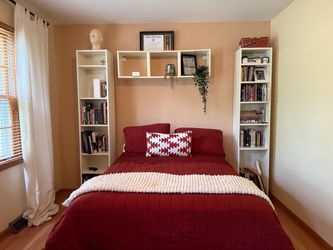 Full-Size Storage Bed, Mattress, Bookshelves, Floating Shelf, Desk & Chair