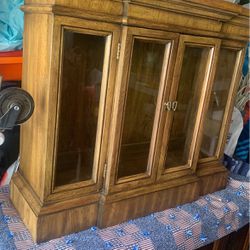 Antique Lighted Wood Wall Hanging Cabinet With Glass Shelf