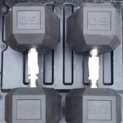 PAIR OF NEW  RUBBER  60  POUND  CAP  DUMBBELLS   •   Also Have Rubber  30s 35s 40s 50s 55s 75s 80s 85s 90s