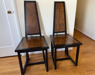 Pair of high back Brutalist/Rustic/BoHo style accent/dining chairs (solid acacia wood)