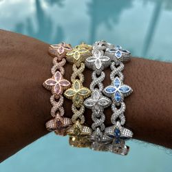 Flower 4 Leaf Clover Iced Out Premium Quality Chains & Bracelet Rose Gold Gold | Pink | Silver| Blue