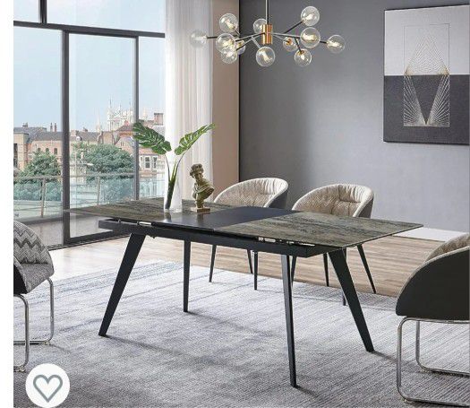 Acanva Expandable Dining Table for 6-8 Seat, Modern Rectangle Design with Extension Leaf for Kitchen Restaurant, Thicker Top and Carbon Steel Pedestal
