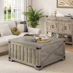 Farmhouse Coffee Table with Storage, 35.4" Square Center Table with Hinged Lift Top, Vintage Wood Cocktail Table with Thickened Top for Living Room, H