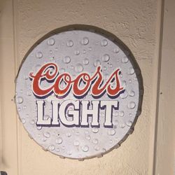 Large Aluminum Coors Light Bottle Cap Advertising Sign. 5 foot wide x 4 Inches, Nice Condition