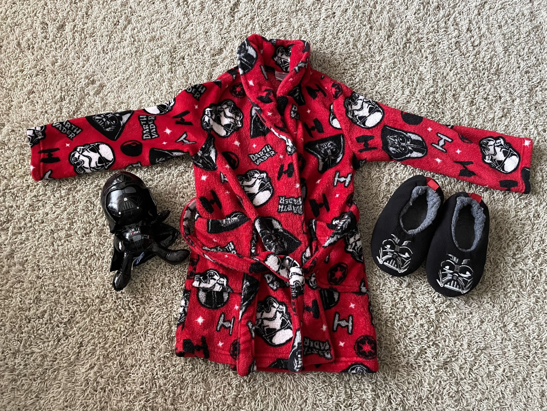 Darth Vader Star Wars robe with slippers and a Darth Vader stuffed toy