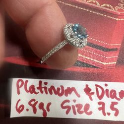 950 Platinum Wedding Ring DIAMONDS 💎 AND AQUAMARINE STONES 6.8Gr Size 7.5