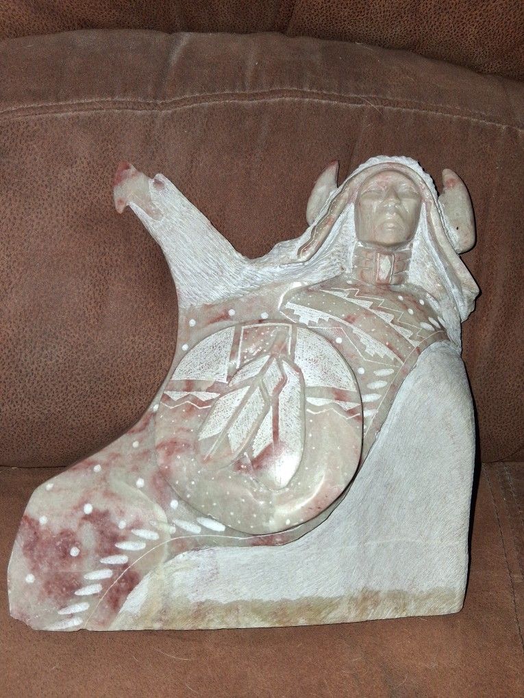 Signed Alabaster Indian & Eagle B Bgay Sculpture
