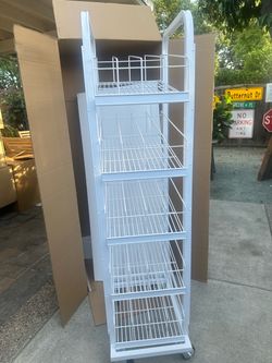 New 5-Tier Rolling Beverage Display Rack White Wire Retail Store Shelving 60” h x 15” x 22” d