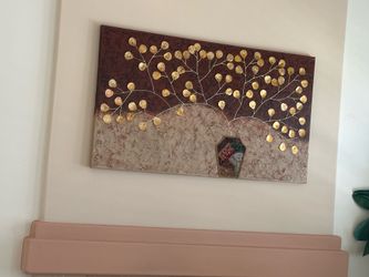 3D art, 36” x 63.5”. Vase with copper leaves