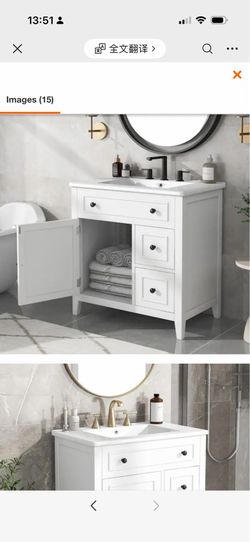 30 in. W Freestanding Bath Vanity in White with White Ceramic Top, 30 in. Bathroom Vanity with Sink Top
