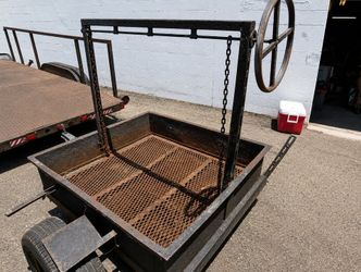 Custom Santa Maria Style BBQ Grill Trailer Adjustable Wheel Crank Fire Pit Cooker