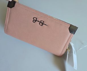 Jessica Simpson Blush Pink Zip around Wallet Black White lined Slip pockets NEW