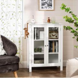 Storage Cabinet, Sideboard, Display Cupboard with 2 Adjustable Shelves, Transparent Glass Doors, Handles, Scandinavian Nordic, 26 x