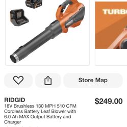 RIDGID 18V Brushless 130 MPH 510 CFM Cordless Battery Leaf Blower with 6.0 Ah MAX Output Battery and Charger