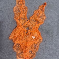 New Medium Neon Orange Lace Bodysuit Lingerie Top Outfit 