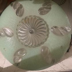 Art Deco frosted swirl glass three-chain hanging light shade.