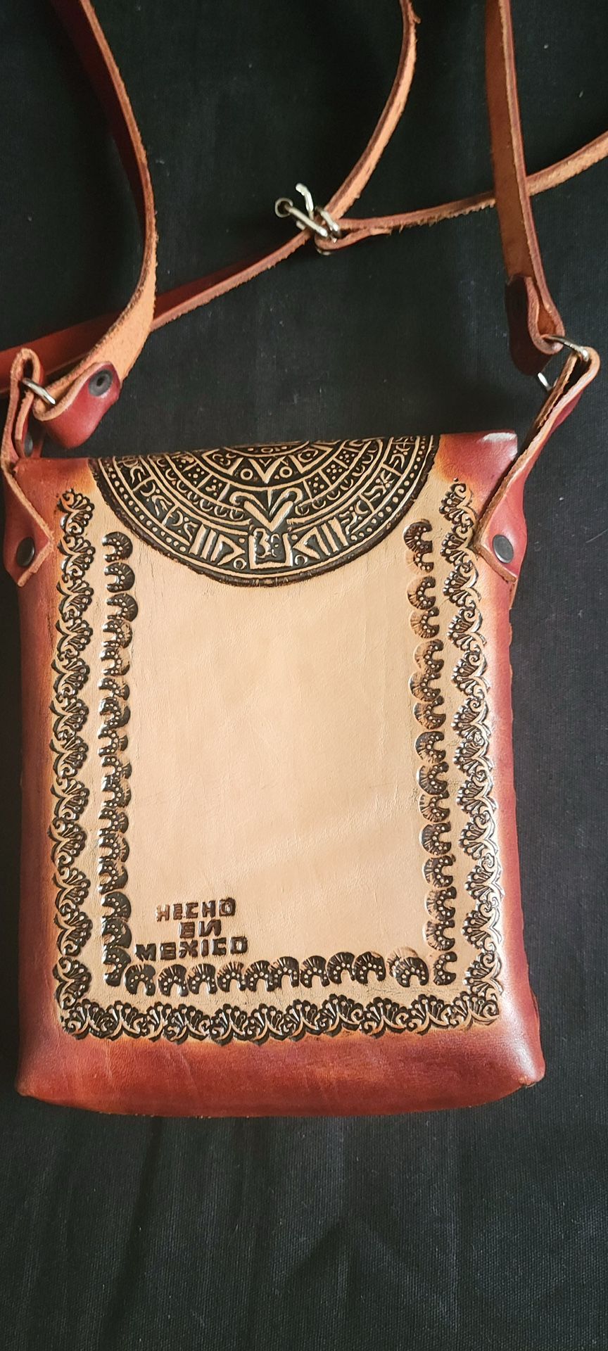 Vtg Hand Tooled Genuine Leather Crossbody Purse Adjustable Strap Mexico