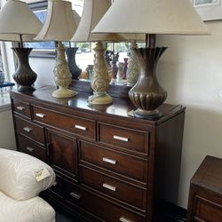 American Drew Furniture Estate Bedroom Set Triple Dresser with Mirror & Drawer Nightstand