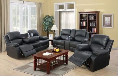 Black leather 3 piece fully reclining couch set