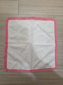 Vintage White Linen Handkerchief Pink Hand Crocheted Lace Trim Square Accessory