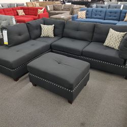 Brand New Sectional Linen Fabric Black With Knail Heads & Ottoman $669