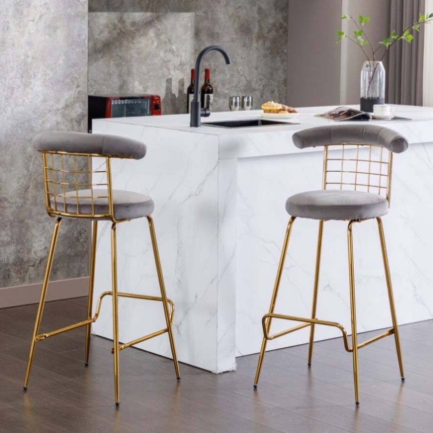 Set Of 2, Luxury Velvet High Bar Stool With Metal Legs And Soft Back [NEW]