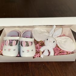 Infant Girl Easter Bunny Shoes, Bow & Rattle Gift Set