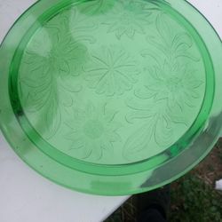 Jeannette Sunflower Cake Platter ,green Depression Glass,$15