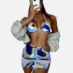 NEW Milumia 4-Piece Triangle Bikini Set Mesh Cover Up Skirt Bandana Size Medium