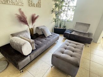 Modern Gray Velvet Modular Sofa Set with Ottoman