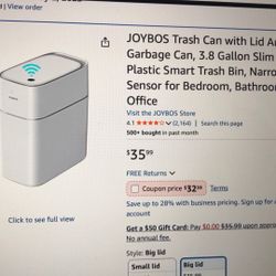 JOYBOSA 3.8 Gallon Trash Can White With Motion Sensor Narrow Slim Bathroom Or Bedroom 