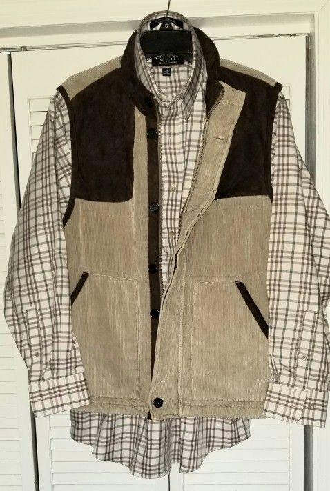 MADISON CREEK OUTFITTERS CAMEL/BROWN TRIM SUEDE LEATHER TRIM CORDUROY HUNTING / CASUAL MEN'S VEST in LARGE NWOT