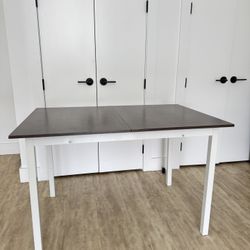 Expandable Dining Table – White Base with Dark Wood Top