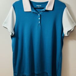 Women’s Lands End Polo Shirt, Size Large. Two Tone Blue w/ White. 