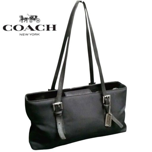 COACH BLACK NYLON TOTE BAG PURSE, LEATHER TRIM & STRAPS, MEDIUM SIZE 