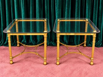 Pair of Gold Brass and Glass Side Tables