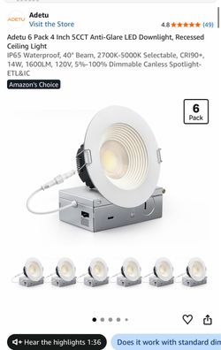 Adetu 6 Pack 4 Inch 5CCT Anti-Glare LED Downlight