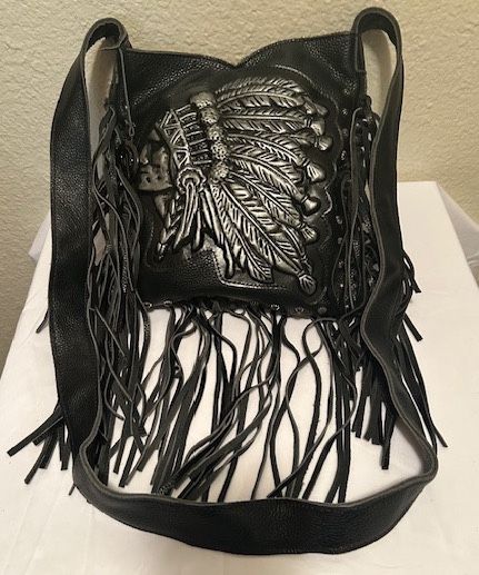New, Fabulous, Raviani Western Crossbody Leather Bag W/ Indian Chief Fringe & Silver Studs