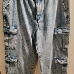 Pair of acid-washed, wide-leg denim cargo pants Size 1XL