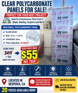 🔥 CLEAR POLYCARBONATE PANELS FOR SALE 🔥  Hi everyone! We have these beautiful clear multiwall polycarbonate panels — perfect for greenhouses, patio