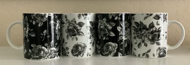 Black and White Floral Coffee Mug Set of 4. 10oz Cups - 50% Off!