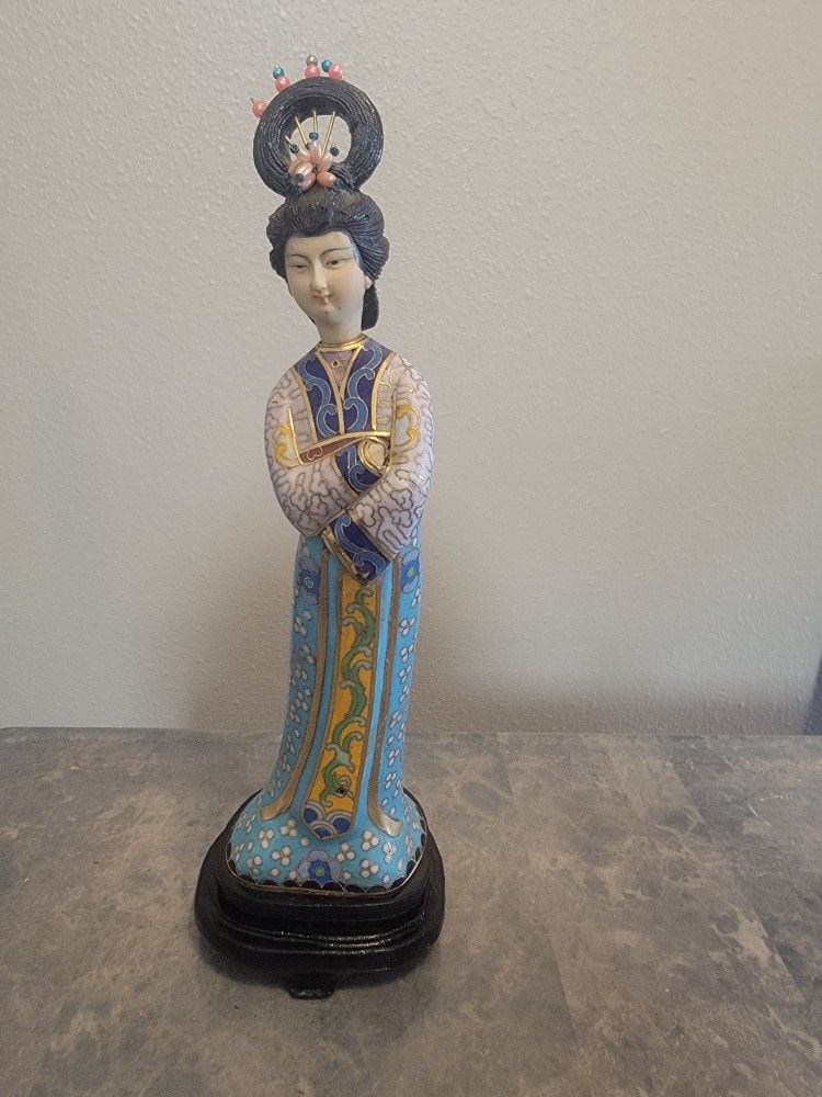 Antique Chinese Cloisonné Enameled Carved Guanyin Quan Yin Sculpture Figurine

