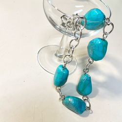 Women’s Fashion Jewelry Churchy Turquoise Silver tone Chain Statement Necklace