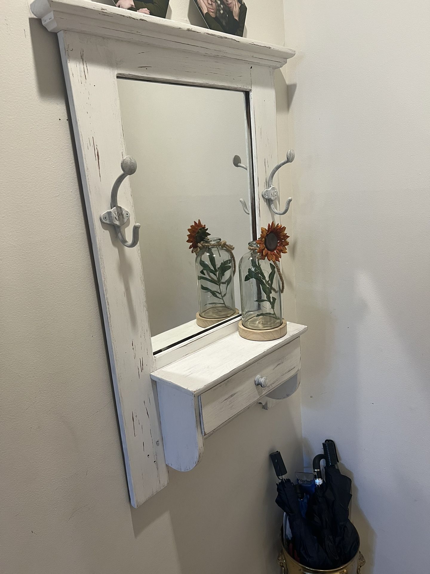 Pick Up ASAP Custom made hallway tree with mirror and drawer very heavy solid oak distressed wood 41 x 28